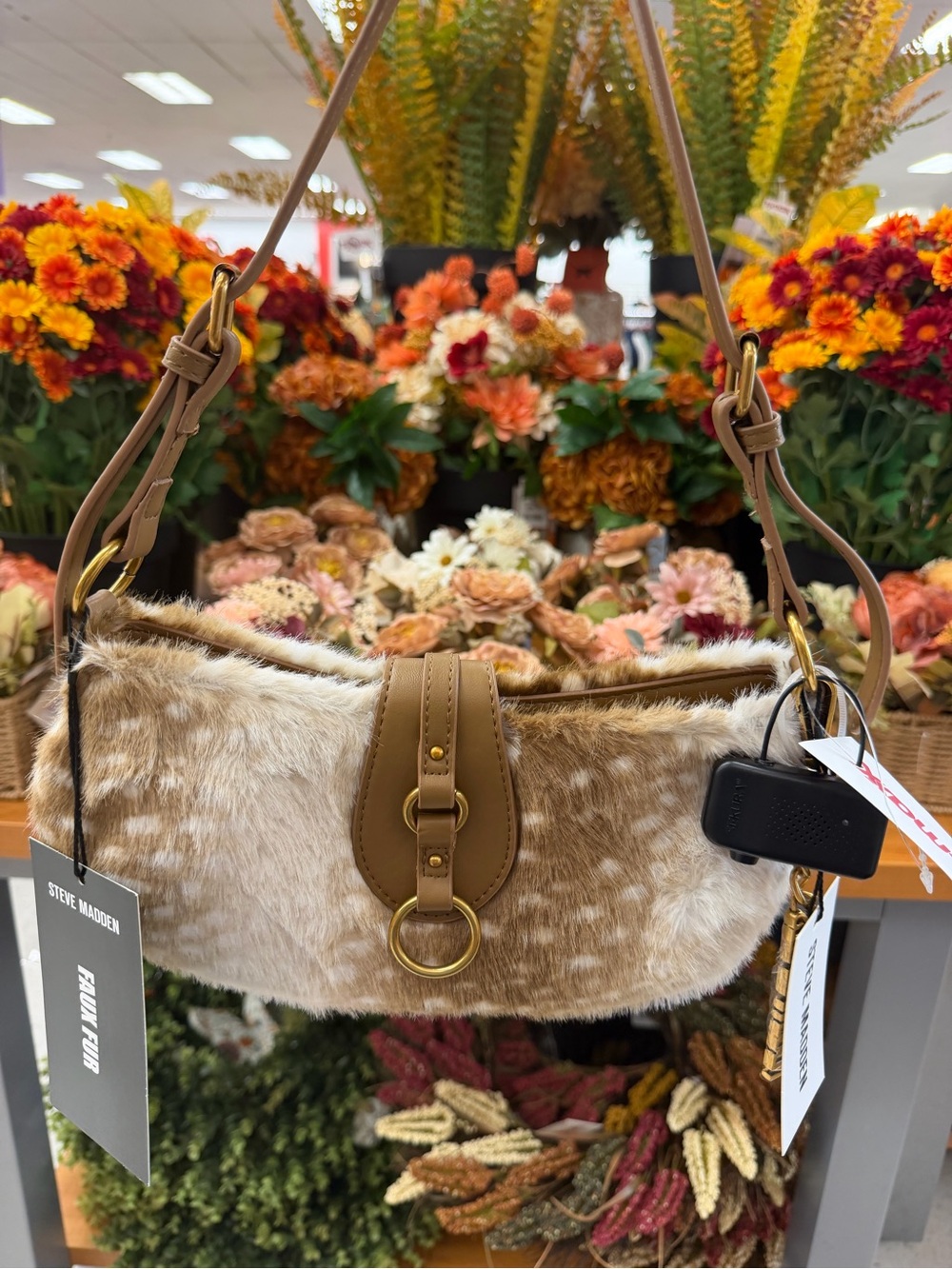 Steve Madden Brown Faux Fur Mini Shoulder Bag with Gold Hardware